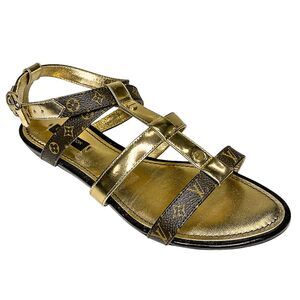 Louis Vuitton Monogram Gladiator Gold Sandals Brown LV Logo EU 37.5 w/ Box